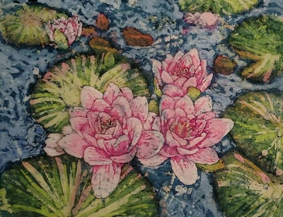 2016
16.75"h x23.25"w
Watercolor batik on Washi paper.